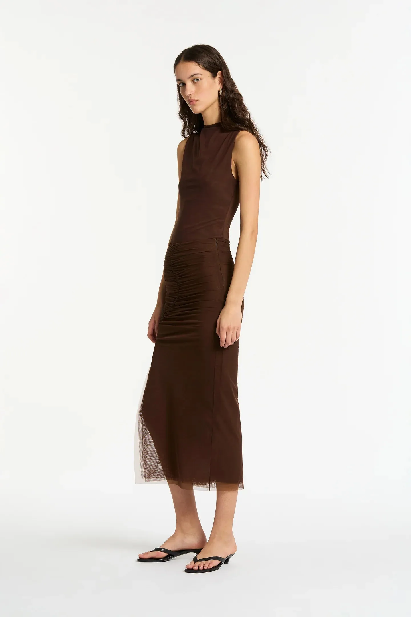 SIR. Jacques Mesh Gathered Midi Skirt - Chocolate