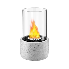 Tabletop Fire Pit, Tabletop Fireplace with Glass Stone, Concrete Material and Windproof Glass Cover, Ethanol Fireplace