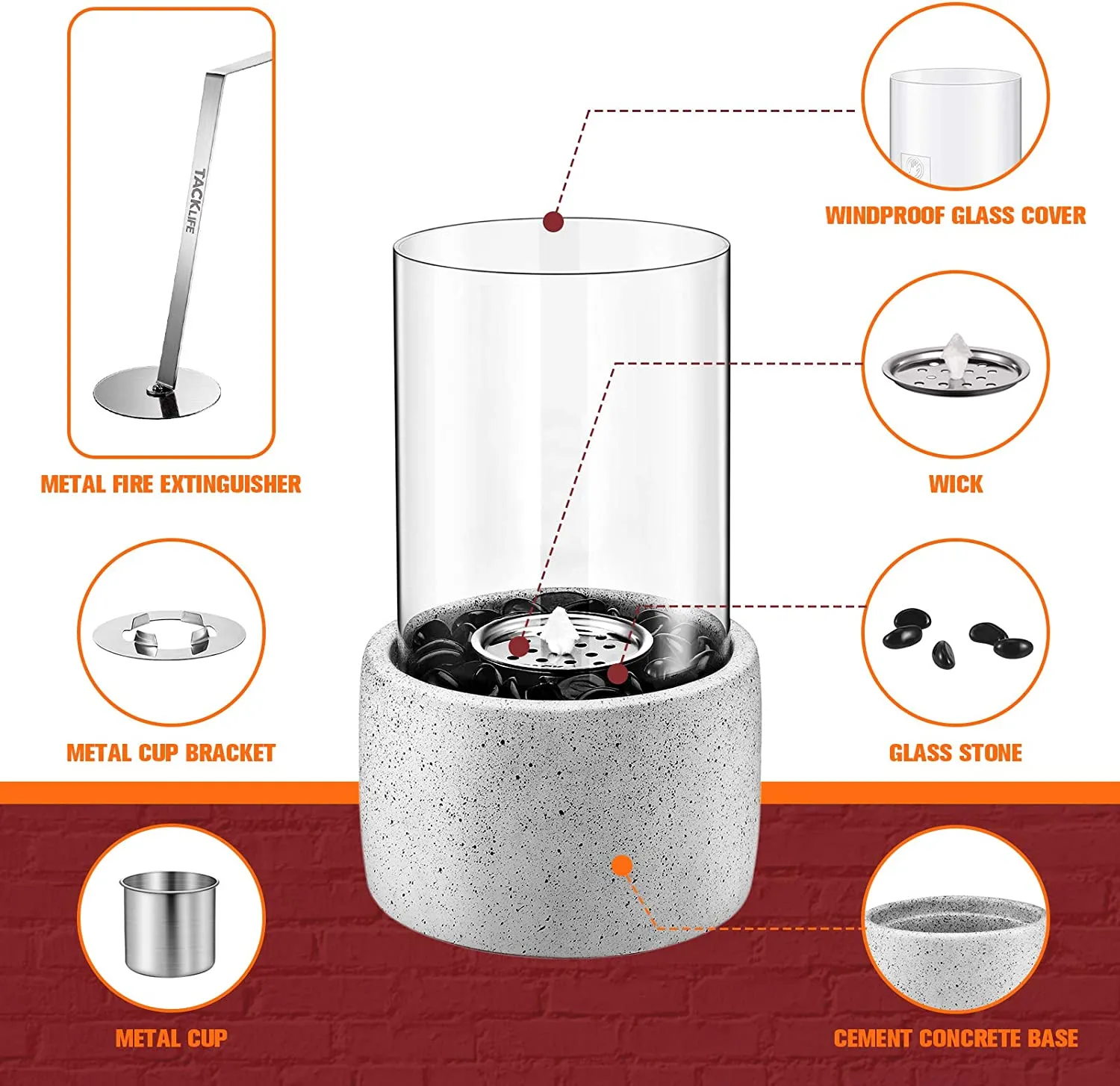 Tabletop Fire Pit, Tabletop Fireplace with Glass Stone, Concrete Material and Windproof Glass Cover, Ethanol Fireplace