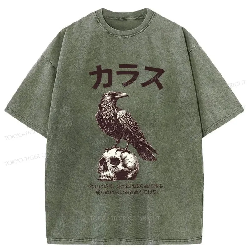 Tokyo-Tiger Black Raven On A Skull Washed T-Shirt