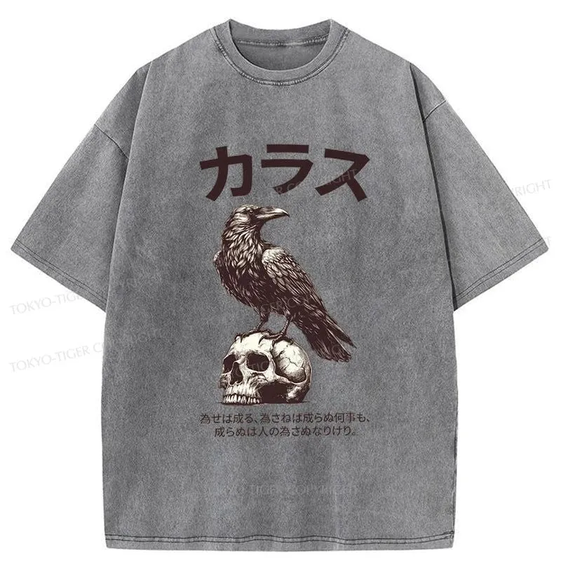 Tokyo-Tiger Black Raven On A Skull Washed T-Shirt