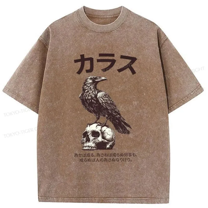 Tokyo-Tiger Black Raven On A Skull Washed T-Shirt