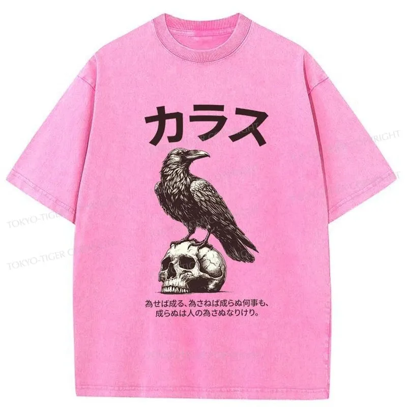 Tokyo-Tiger Black Raven On A Skull Washed T-Shirt