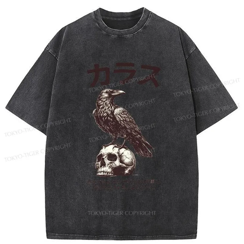 Tokyo-Tiger Black Raven On A Skull Washed T-Shirt