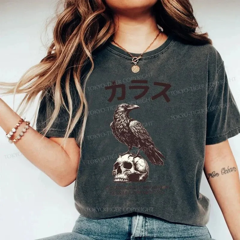 Tokyo-Tiger Black Raven On A Skull Washed T-Shirt