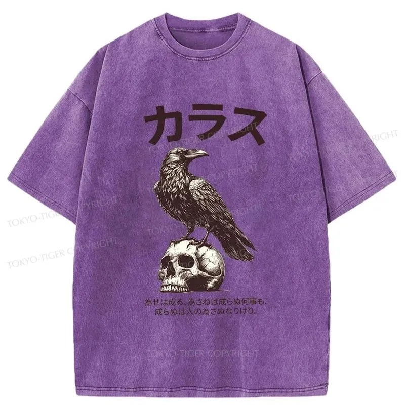 Tokyo-Tiger Black Raven On A Skull Washed T-Shirt