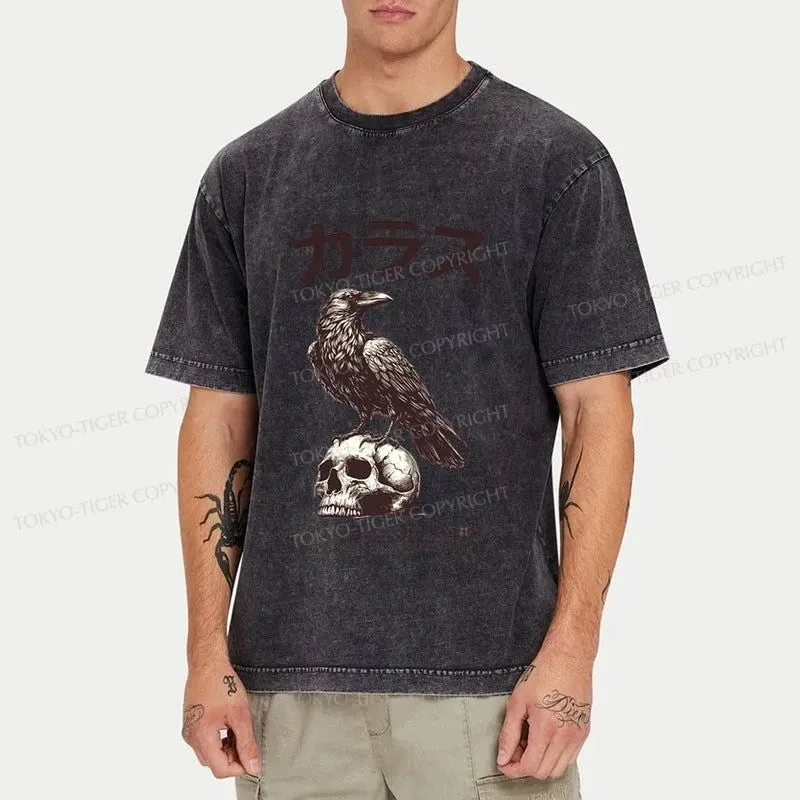 Tokyo-Tiger Black Raven On A Skull Washed T-Shirt