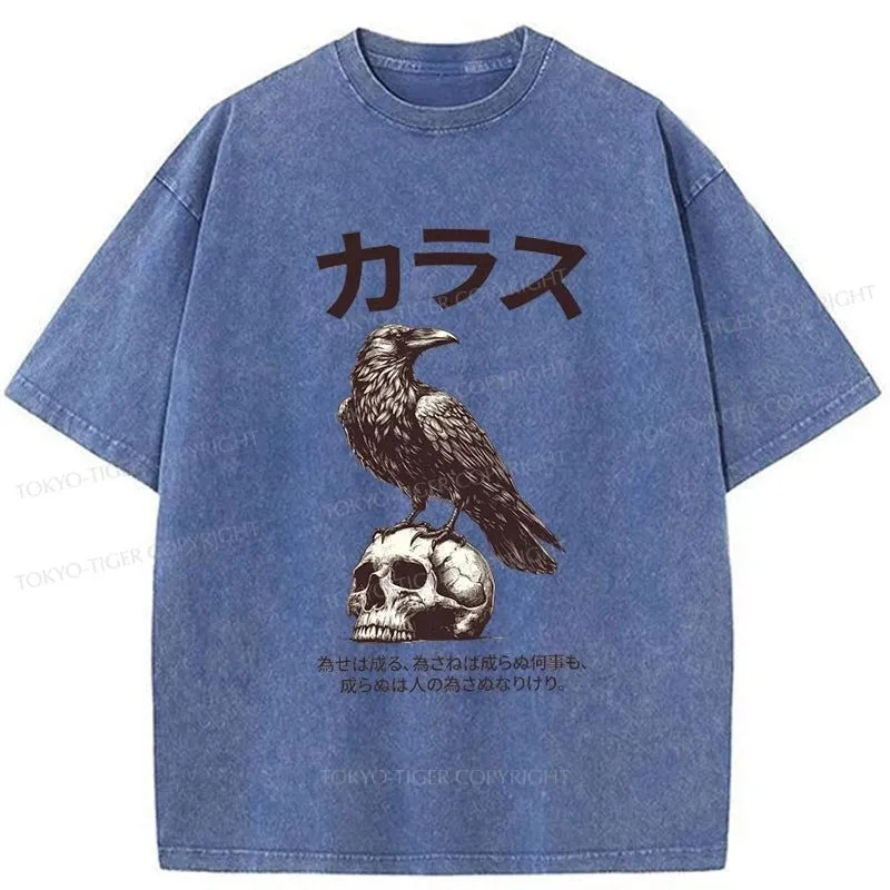 Tokyo-Tiger Black Raven On A Skull Washed T-Shirt