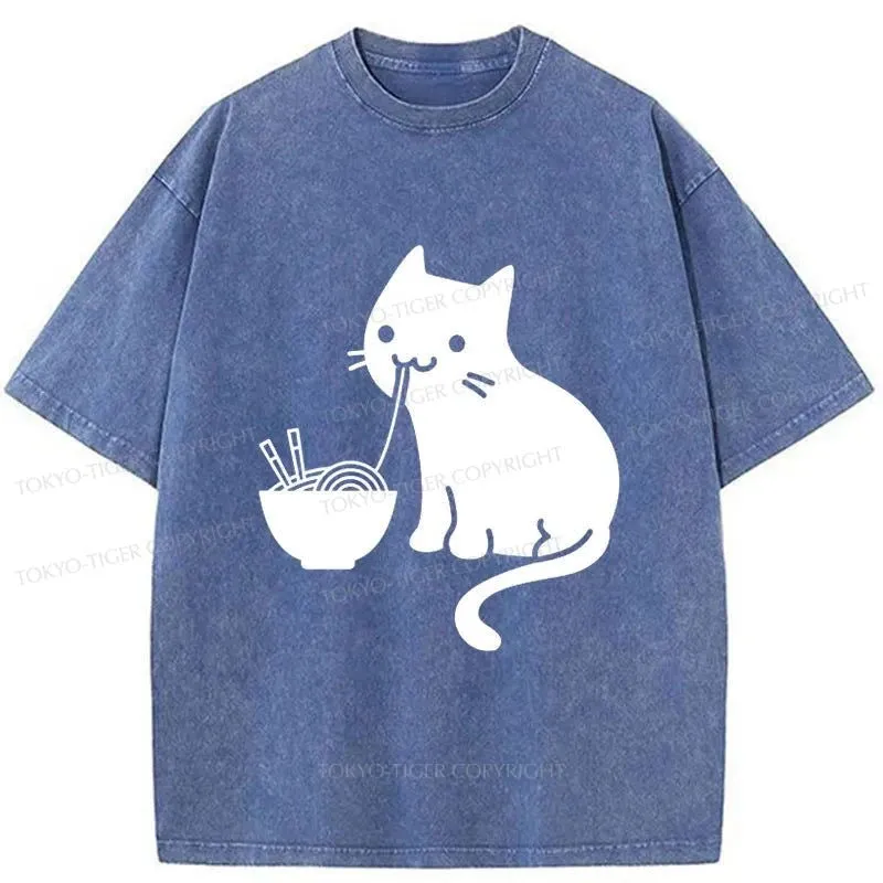 Tokyo-Tiger Cat Eating Ramen Japan Washed T-Shirt