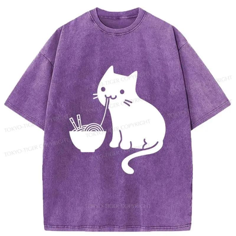 Tokyo-Tiger Cat Eating Ramen Japan Washed T-Shirt