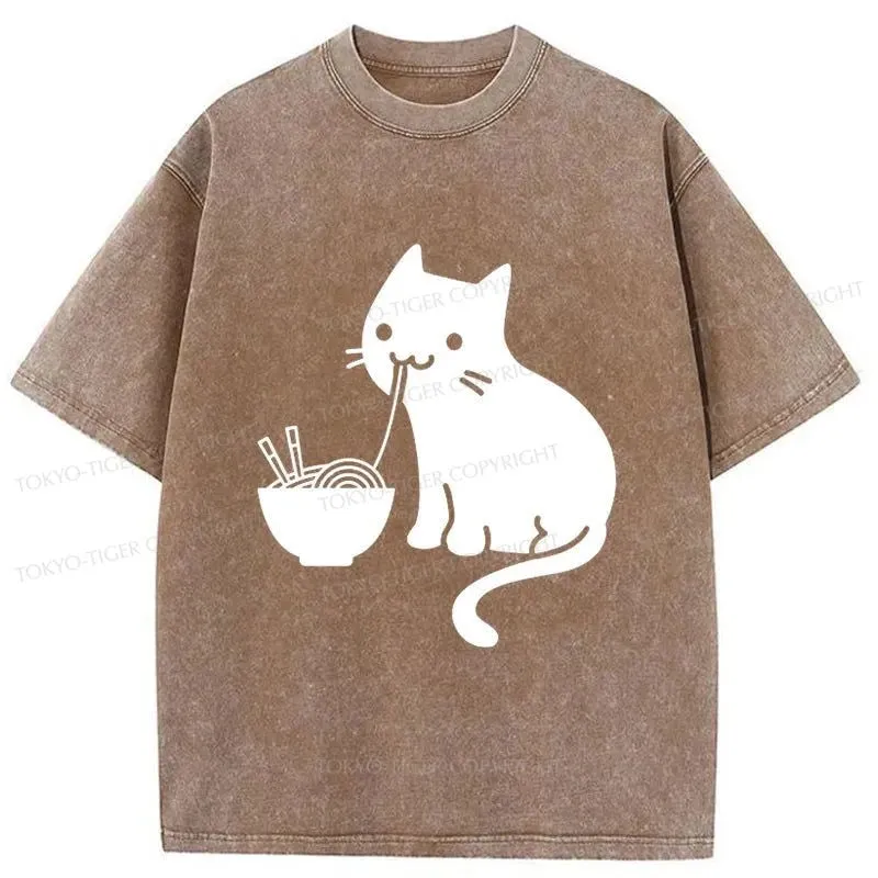 Tokyo-Tiger Cat Eating Ramen Japan Washed T-Shirt