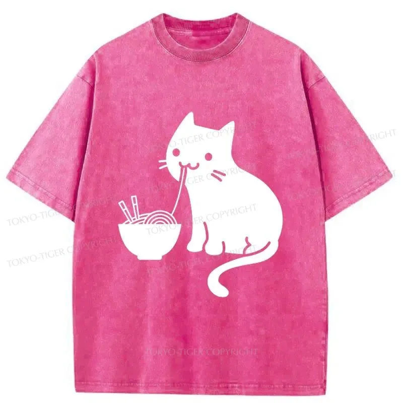 Tokyo-Tiger Cat Eating Ramen Japan Washed T-Shirt