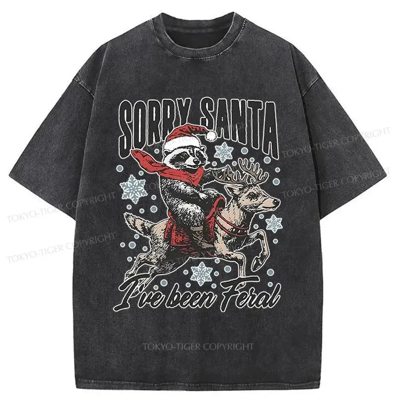 Tokyo-Tiger Funny Raccoon With Santa Washed T-Shirt