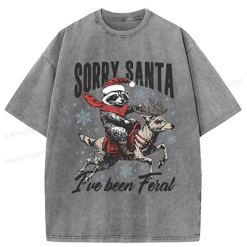 Tokyo-Tiger Funny Raccoon With Santa Washed T-Shirt