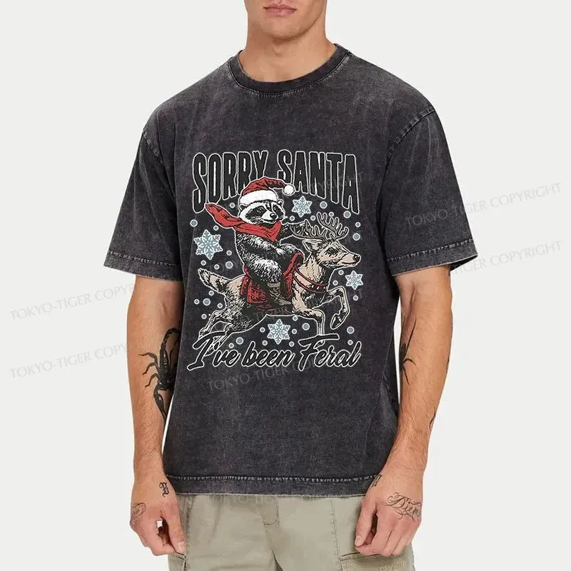 Tokyo-Tiger Funny Raccoon With Santa Washed T-Shirt