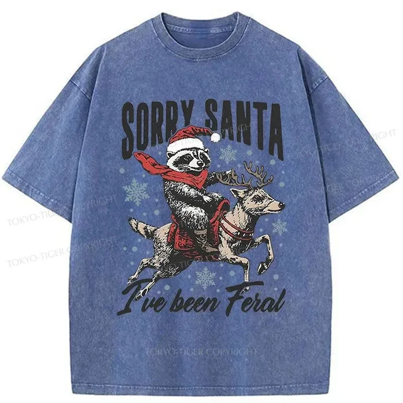 Tokyo-Tiger Funny Raccoon With Santa Washed T-Shirt