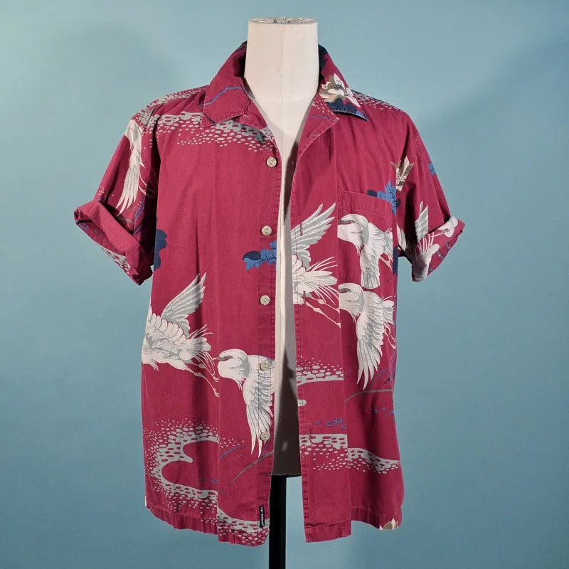 Union Bay Burgundy Crane Asian Hawaiian Aloha Camp Shirt M