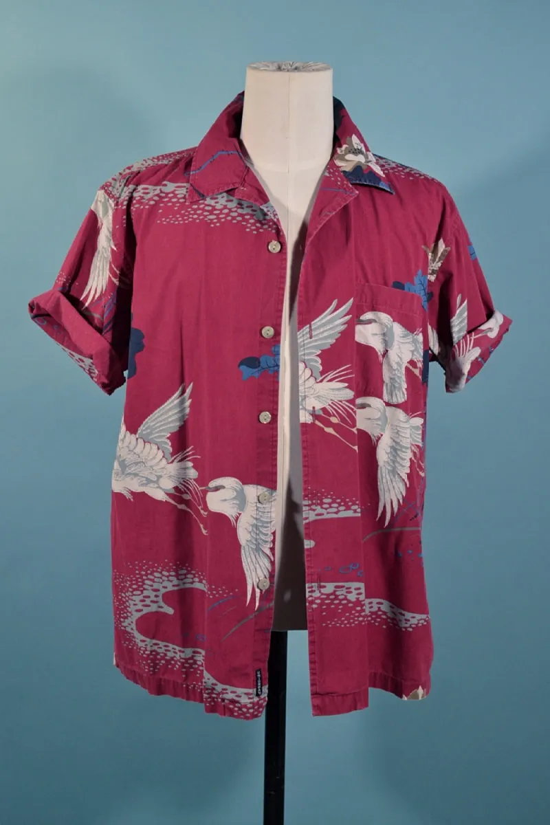 Union Bay Burgundy Crane Asian Hawaiian Aloha Camp Shirt M