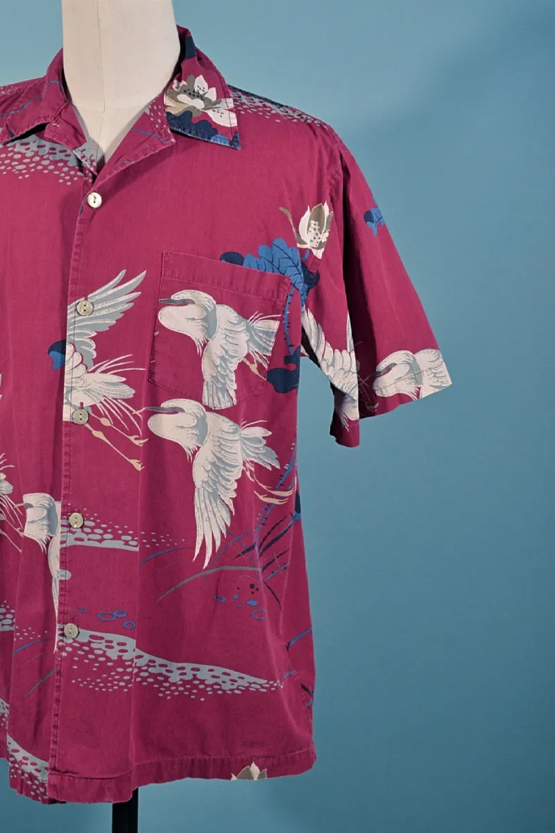 Union Bay Burgundy Crane Asian Hawaiian Aloha Camp Shirt M