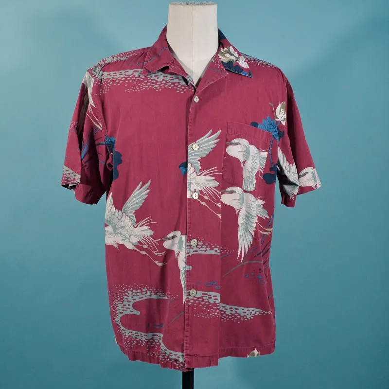 Union Bay Burgundy Crane Asian Hawaiian Aloha Camp Shirt M