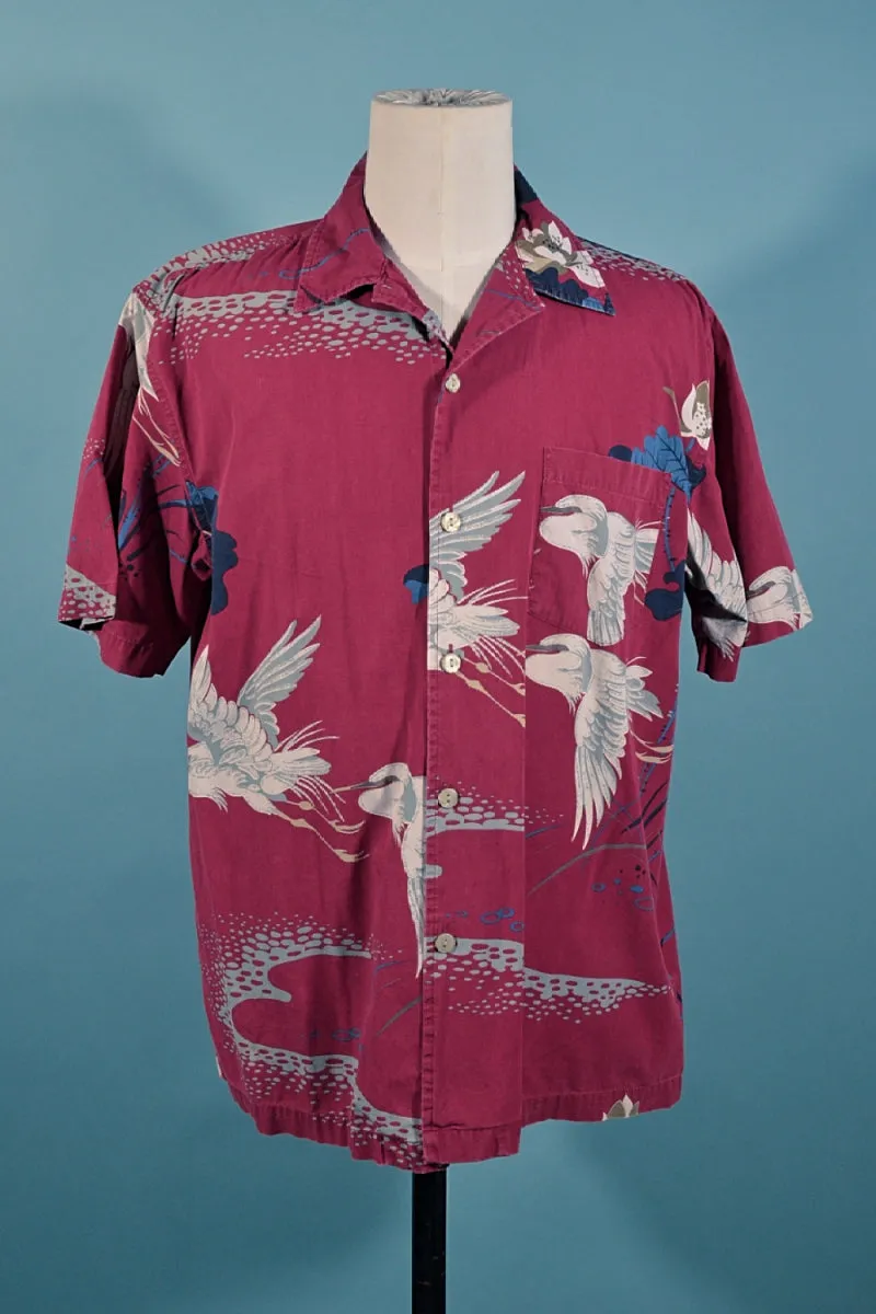 Union Bay Burgundy Crane Asian Hawaiian Aloha Camp Shirt M